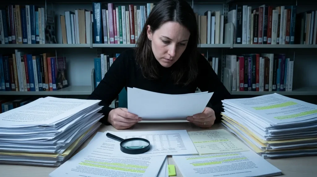 Researcher critically examining an older romance-reading study