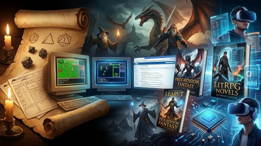 Fiction books illustrating different levels of game mechanics