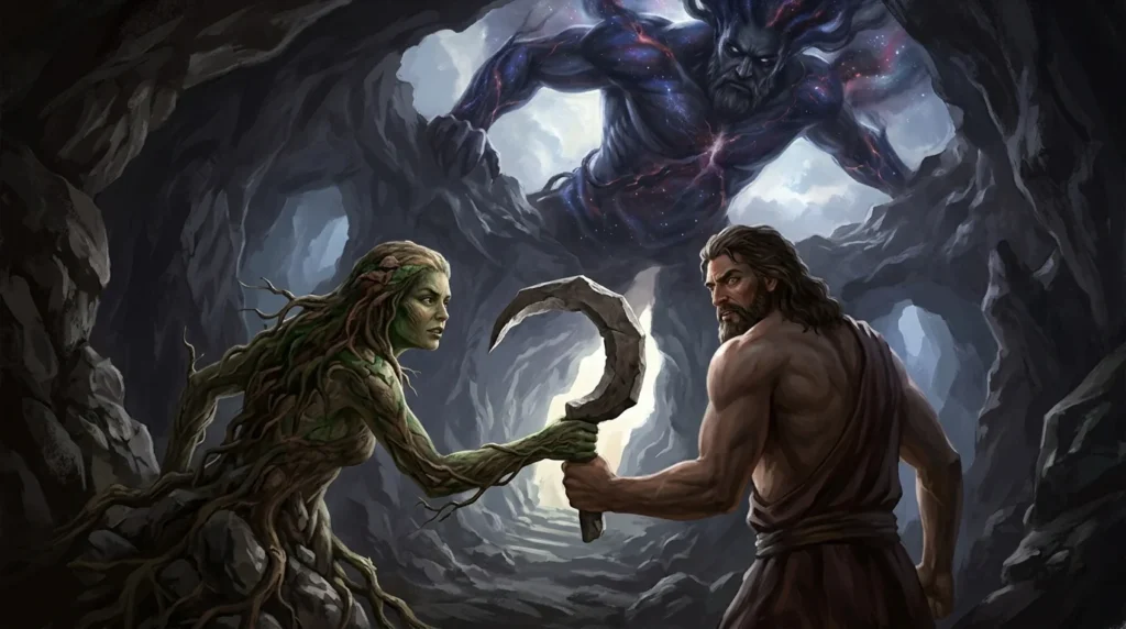 Gaia gives Cronus a sickle to overthrow his father Uranus in Greek mythology.