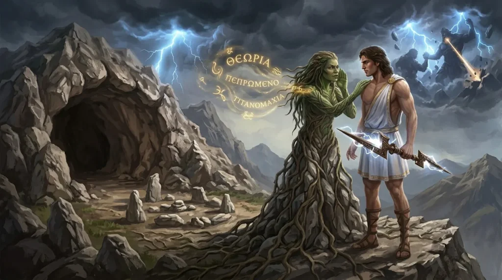 Gaia reveals a crucial prophecy to Zeus during the struggle between Olympians and Titans.