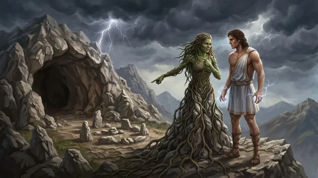 Gaia advises Zeus against Cronus, continuing her role in the overthrow of the Titans.