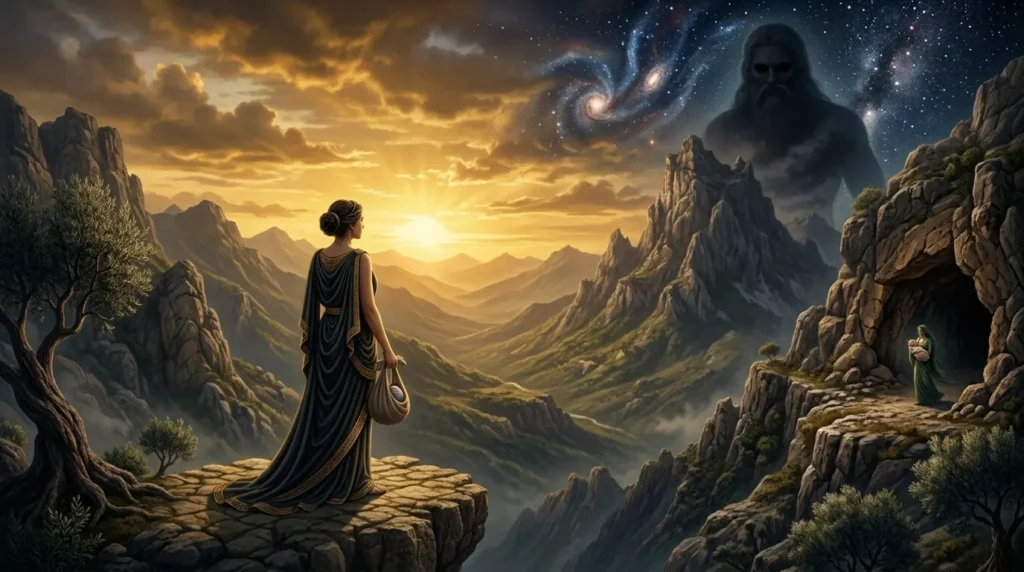 Rhea watches over the hidden Zeus after deceiving Cronus