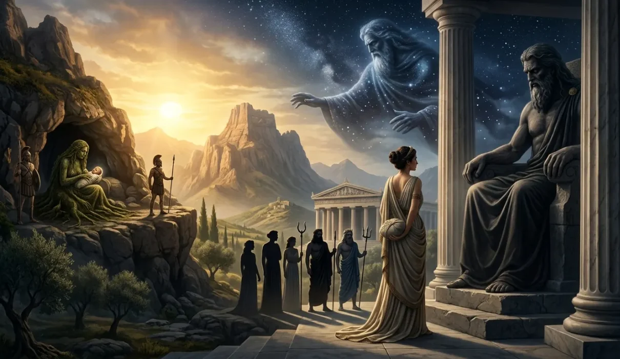 Rhea secretly prepares to deceive Cronus with a swaddled stone