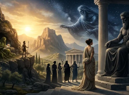 Rhea secretly prepares to deceive Cronus with a swaddled stone