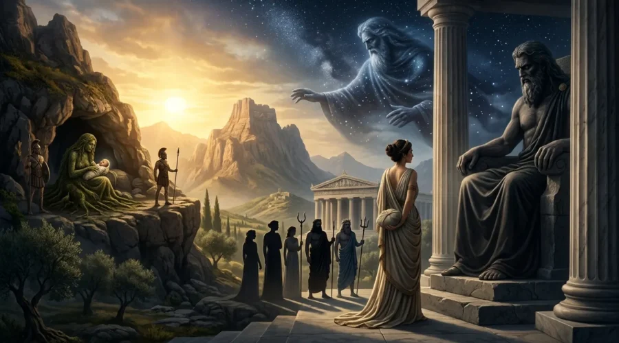 Rhea secretly prepares to deceive Cronus with a swaddled stone