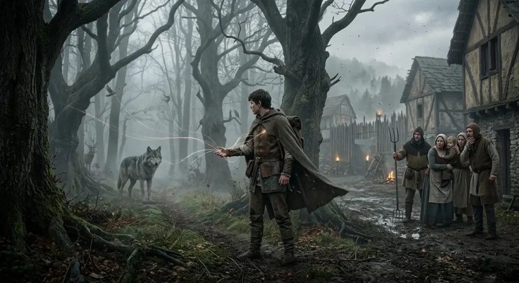 Fantasy character using animal-linked magic while villagers watch with suspicion