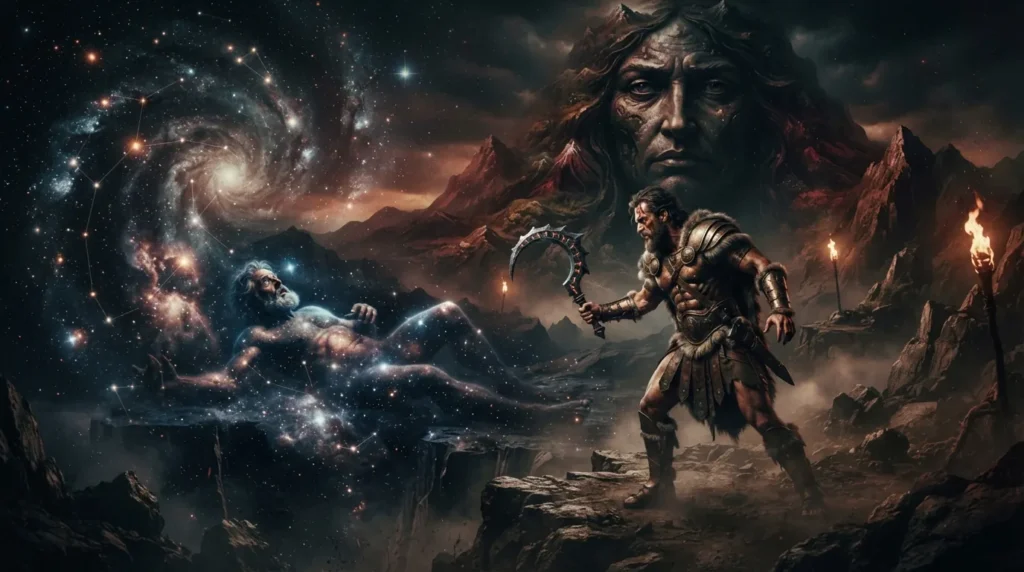 Cronus confronting Ouranos with the sickle while Gaia watches