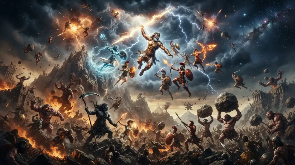 Zeus and the Olympians battling the Titans during the Titanomachy