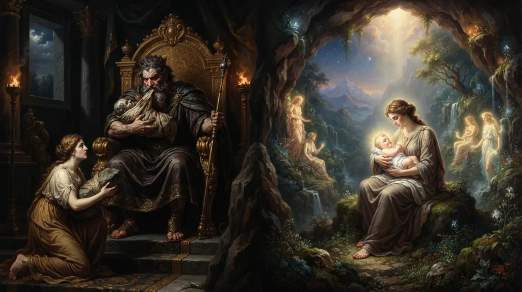Cronus swallowing the stone while the infant Zeus is secretly protected