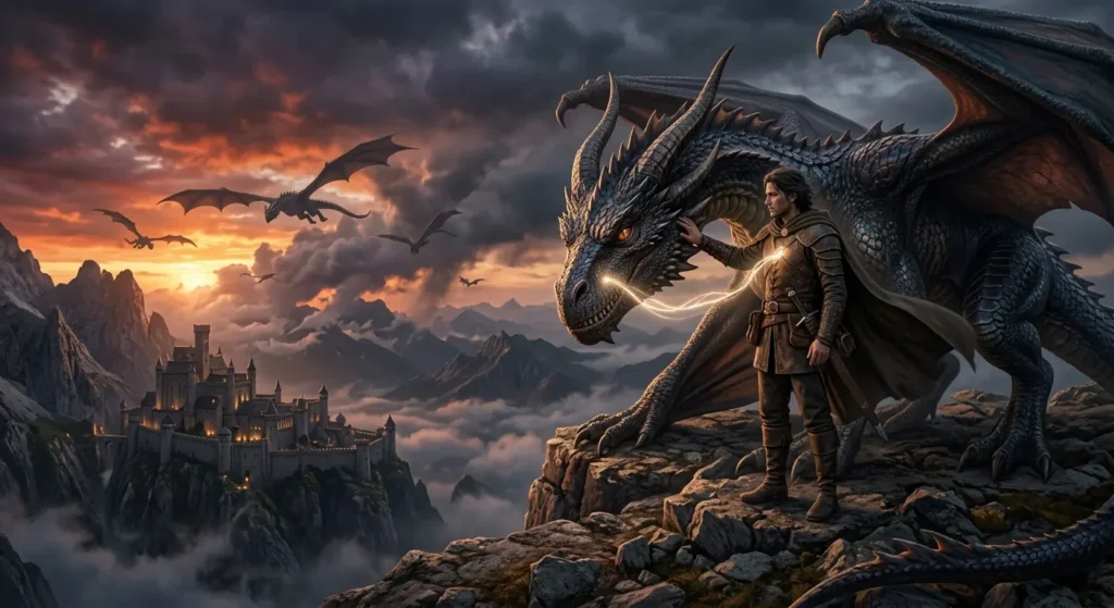 Dragon rider standing beside a newly bonded dragon