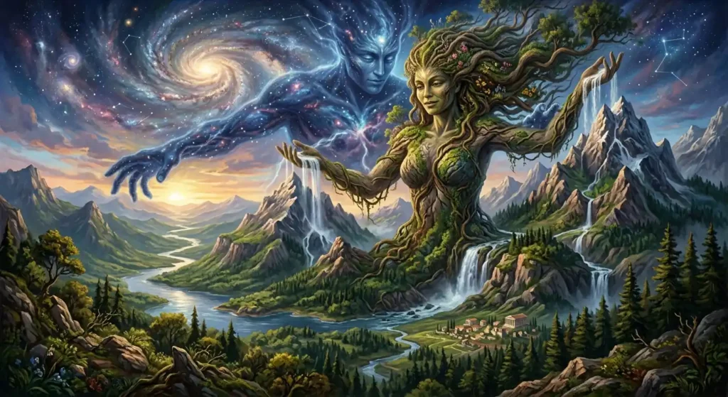 Gaia reaches toward Uranus, the sky god she created and later took as her consort.
