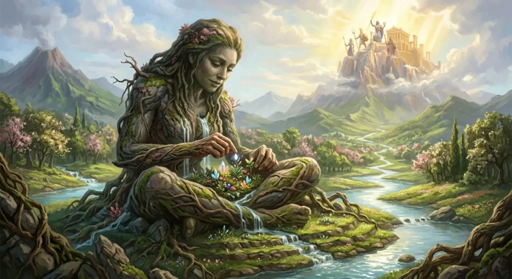 Gaia remains connected to the Earth while Zeus rules Olympus in the distance.