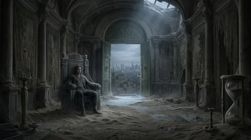 Immortal figure sitting alone in a palace after centuries of isolation