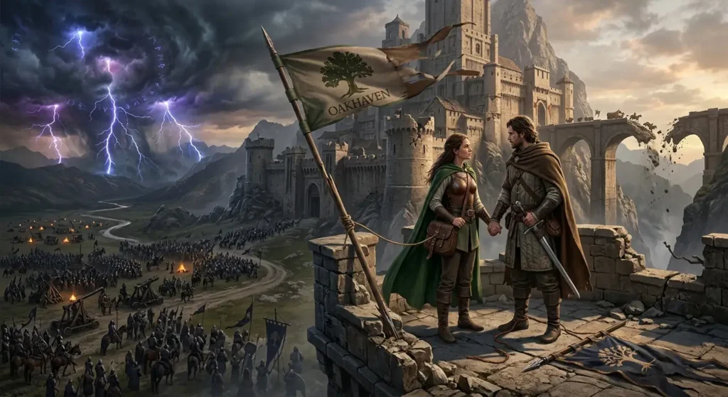 Fantasy couple facing multiple interconnected threats together