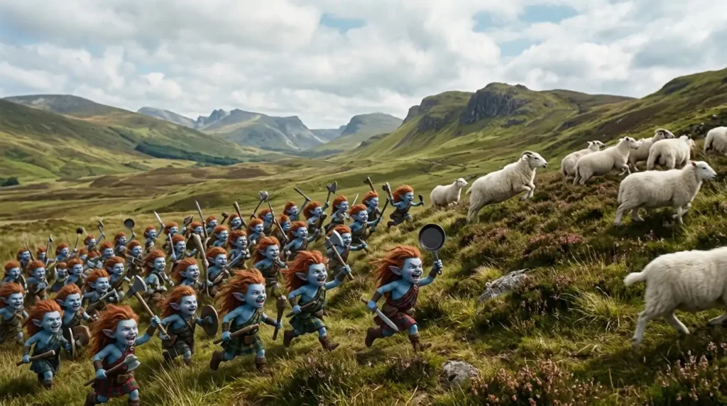 Tiny Nac Mac Feegle warriors charging across a hillside