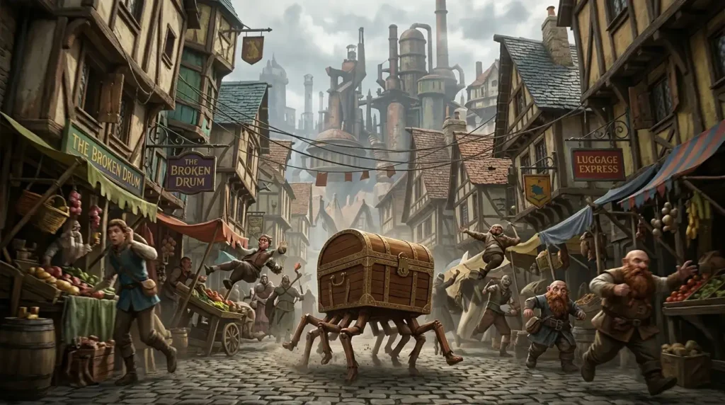 Magical wooden chest running through a fantasy city