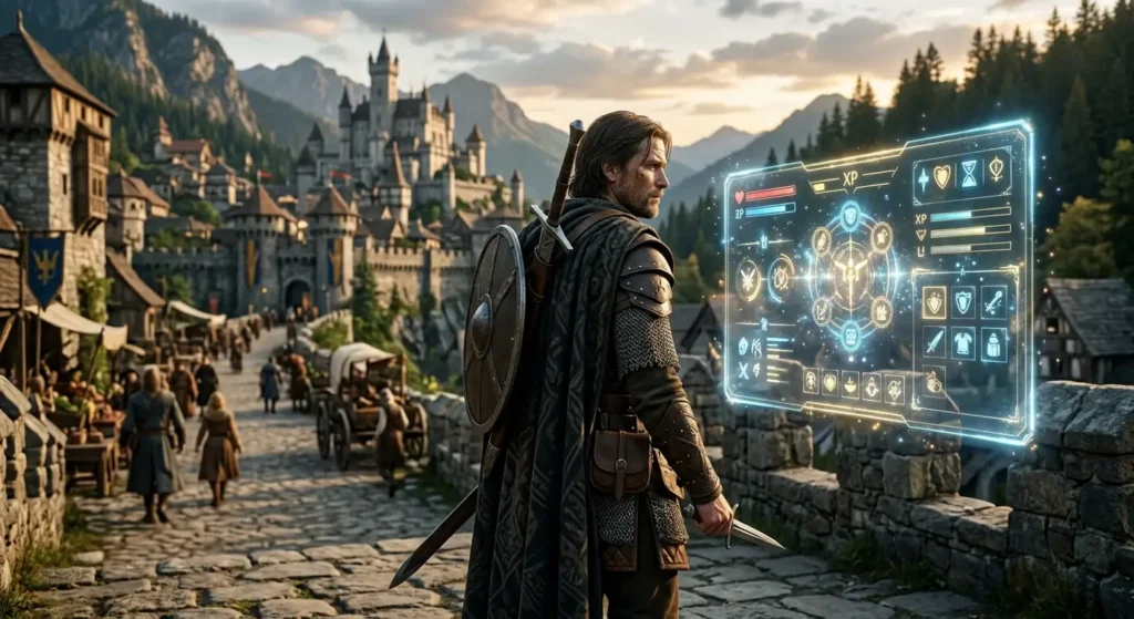 Fantasy protagonist interacting with visible game mechanics
