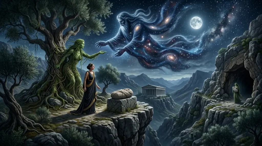 Gaia and Ouranos reveal the plan to Rhea beside a swaddled stone