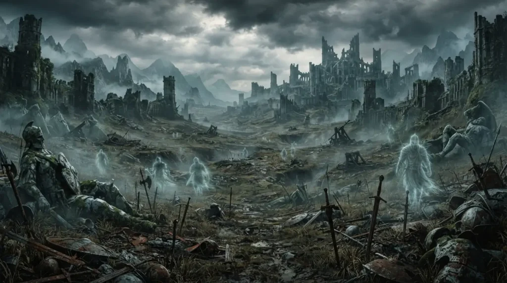An ancient battlefield lies abandoned beneath storm clouds, filled with ruined castles, broken statues, and rusted weapons.