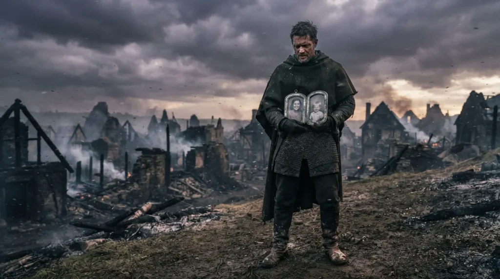 A grieving antagonist holds a family portrait while standing before the ruins of a destroyed village.