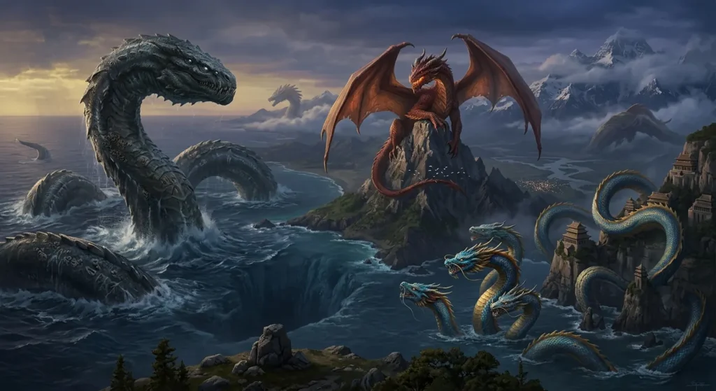 Giant mythological dragons and serpents compared by scale
