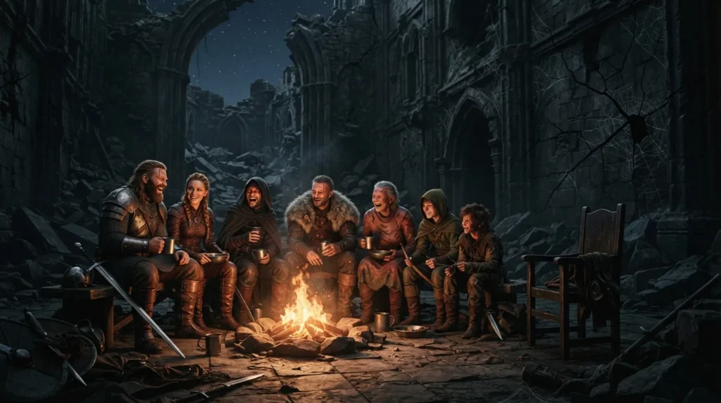 A found family gathers around a fire in a ruined fortress as an empty chair foreshadows their coming loss.
