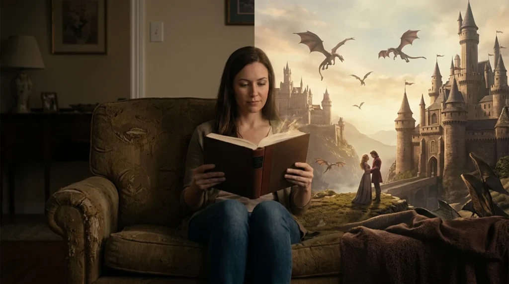 Woman reading a book while imagining an expansive fantasy world