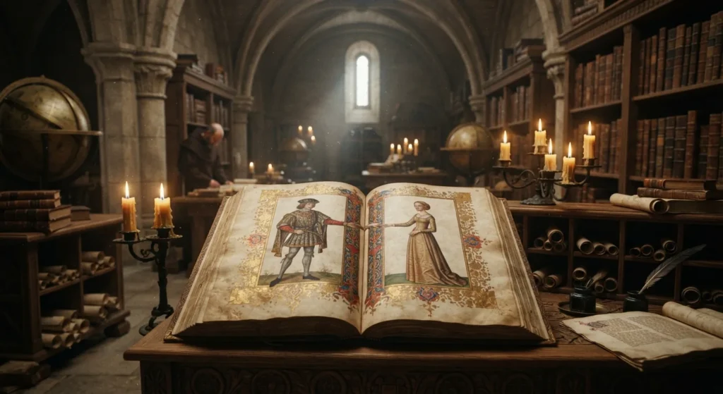 Ancient manuscripts depicting an enemies-to-lovers style romance