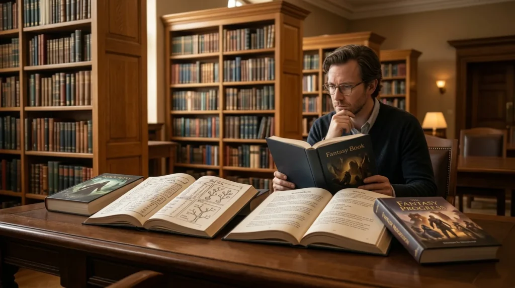 Writer surrounded by early game-inspired fiction and evolving genre terminology