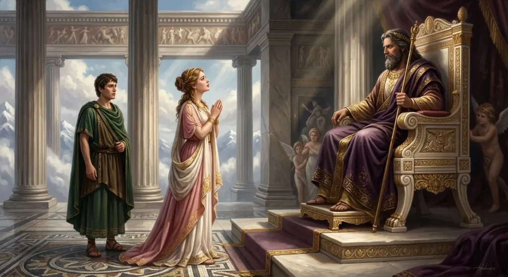 Immortal figure watching generations pass around a fountain of youth