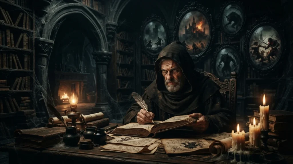 A mysterious narrator writes in an ancient book while shadowy scenes behind them contradict the story.