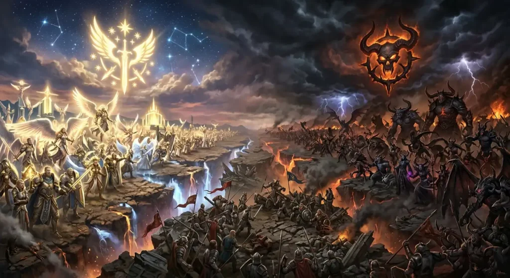 Two cosmic forces of good and evil confronting each other