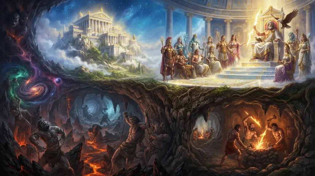 Defeated Titans imprisoned beneath the earth after the Titanomachy