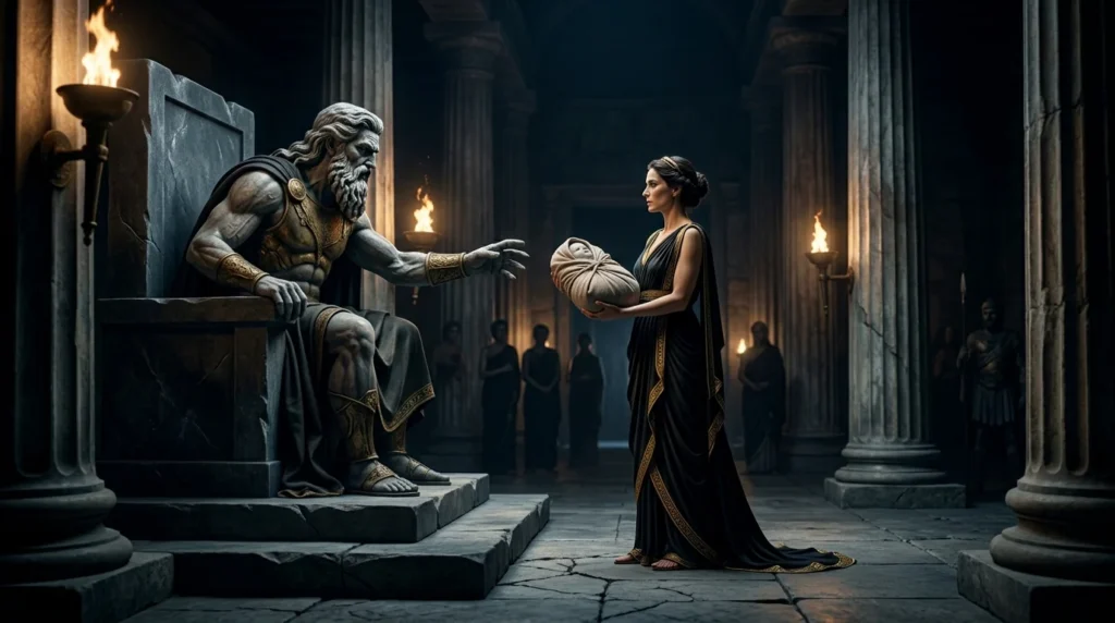 Rhea hands Cronus the swaddled stone while hiding the deception