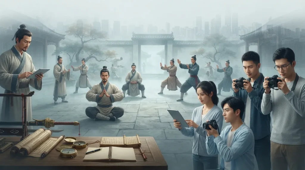 Ancient practitioners studying meditation and physical cultivation