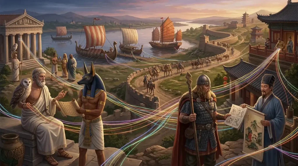 Mythological traditions meeting and exchanging stories across cultures