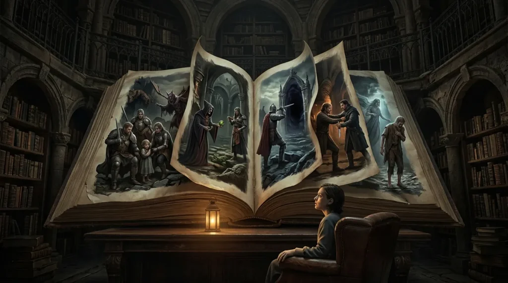 Reader confronting morally ambiguous scenes inside a fantasy book