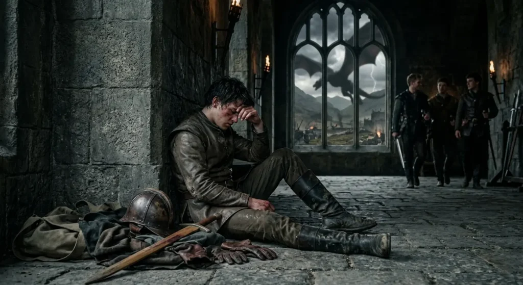 Exhausted dragon rider facing the psychological pressure of military training