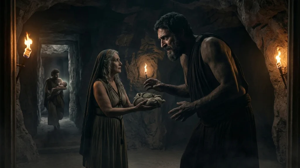 Rhea gives Cronus a stone disguised as the infant Zeus