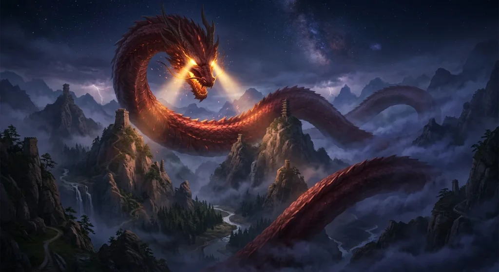 Zhulong depicted as a colossal red serpentine dragon