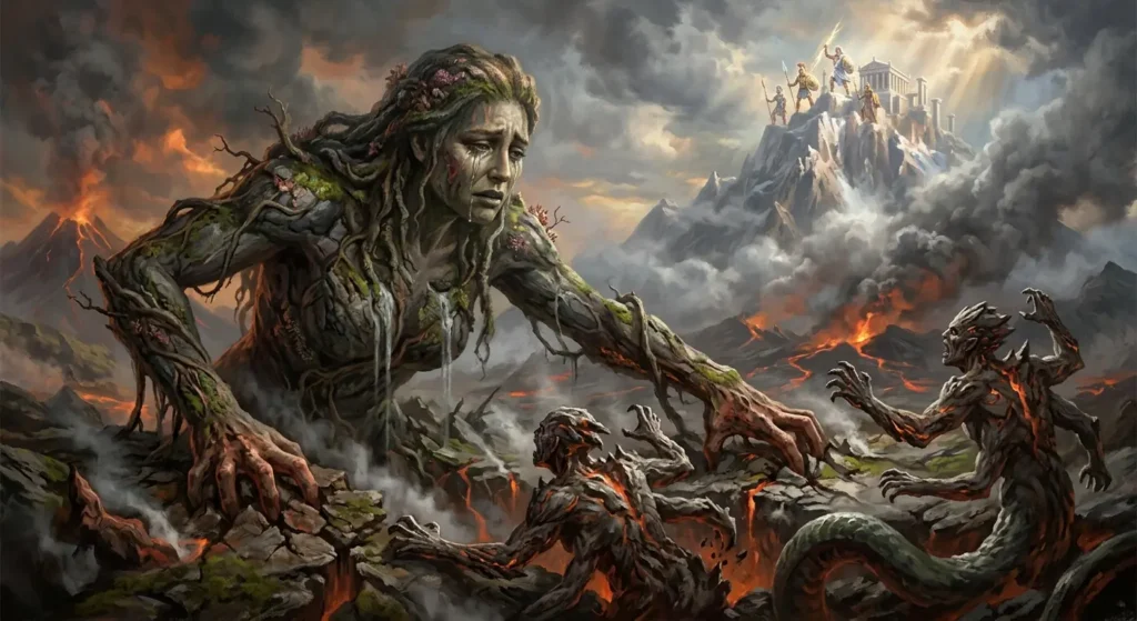 Gaia summons the Gigantes from the Earth in an attack against the Olympian gods.