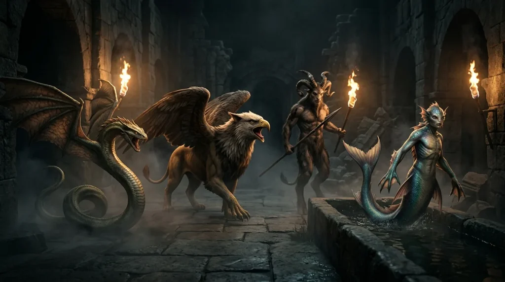 Several hybrid monsters emerge from darkness in a brief unsettling encounter