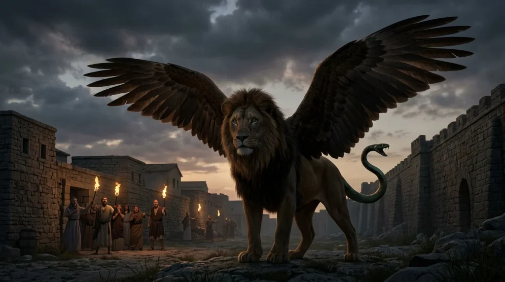 A hybrid Mythical Creature combining incompatible animal traits terrifies villagers outside an ancient settlement