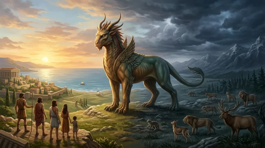 A mythical hybrid stands between civilization, wilderness, sky, and sea
