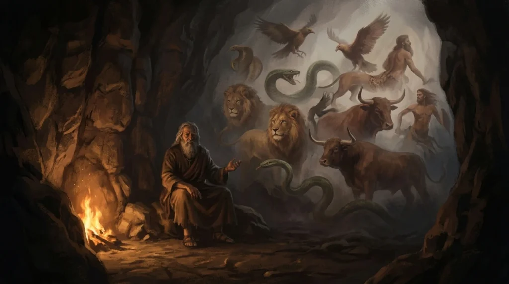 Ancient storyteller surrounded by vivid memories of composite mythical creatures