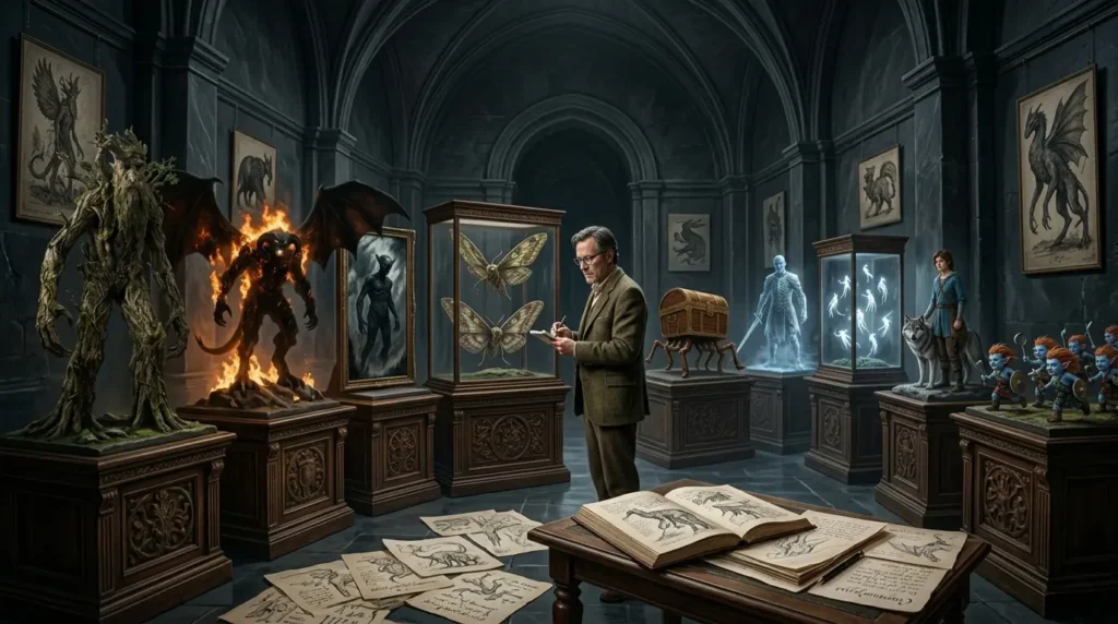 Scholar critically examining a collection of invented fantasy creatures