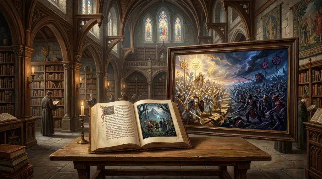 Fantasy manuscripts contrasting Tolkien-inspired morality with cosmic dualism