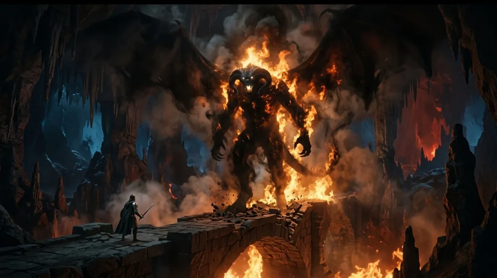 Balrog towering over a traveler in an underground cavern