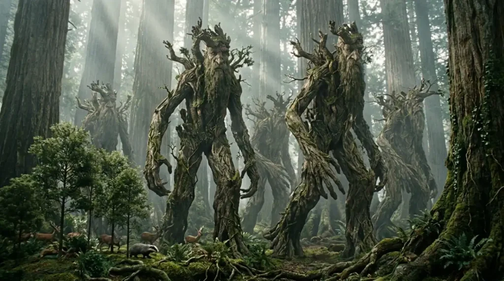 Ancient Ents walking through a primeval forest