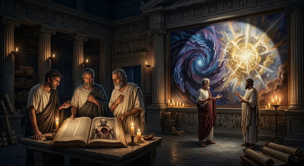 Ancient philosophers depicting two competing ideas about the nature of evil